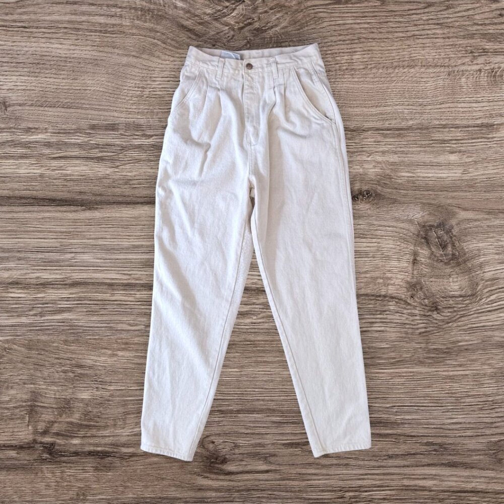 Vintage 90s Bill Blass Pleated Cream Mom Jeans Super High Waist Tapered Size 10